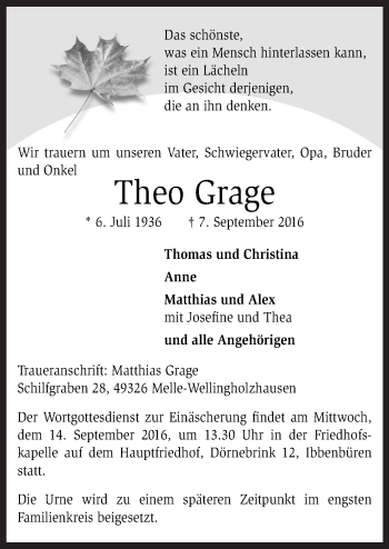 Traueranzeige von Theo Grage von Neue Osnabrücker Zeitung GmbH & Co. KG