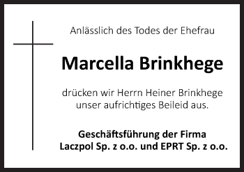Traueranzeige von Marcella Brinkhege von Neue Osnabrücker Zeitung GmbH & Co. KG