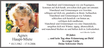 Traueranzeige von Agnes Haupt-Miete von Neue Osnabrücker Zeitung GmbH & Co. KG