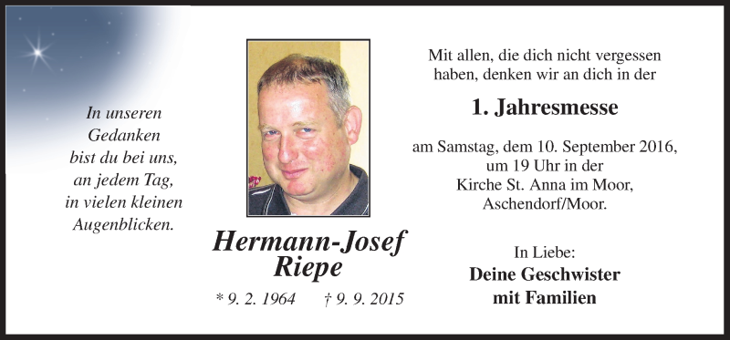  Traueranzeige für Hermann-Josef Riepe vom 07.09.2016 aus Neue Osnabrücker Zeitung GmbH & Co. KG