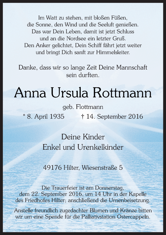  Traueranzeige für Anna Ursula Rottmann vom 17.09.2016 aus Neue Osnabrücker Zeitung GmbH & Co. KG