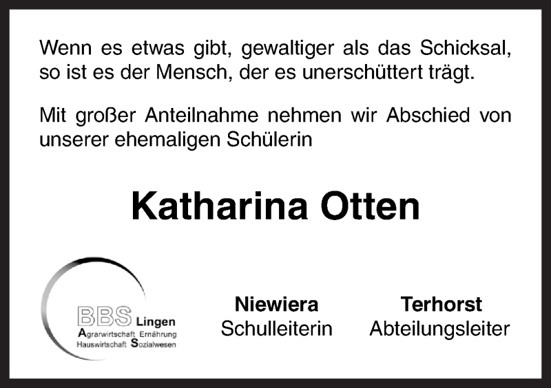  Traueranzeige für Katharina Otten vom 05.09.2016 aus Neue Osnabrücker Zeitung GmbH & Co. KG