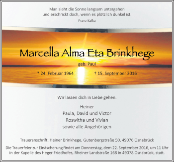 Traueranzeige von Marcella Alma Eta Brinkhege von Neue Osnabrücker Zeitung GmbH & Co. KG