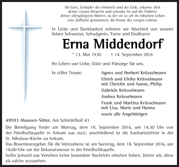 Traueranzeige von Erna Middendorf von Neue Osnabrücker Zeitung GmbH & Co. KG