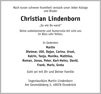 Traueranzeige von Christian Lindenborn von Neue Osnabrücker Zeitung GmbH & Co. KG