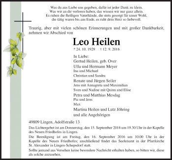 Traueranzeige von Leo Heilen von Neue Osnabrücker Zeitung GmbH & Co. KG