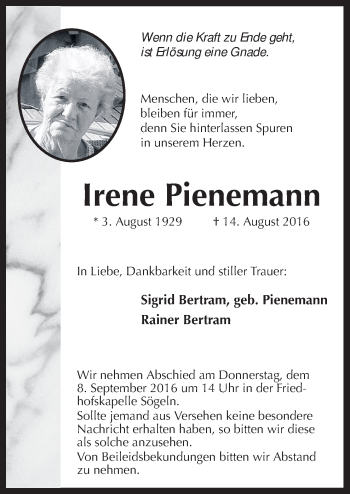 Traueranzeige von Irene Pienemann von Neue Osnabrücker Zeitung GmbH & Co. KG