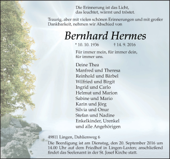 Traueranzeige von Bernhard Hermes von Neue Osnabrücker Zeitung GmbH & Co. KG