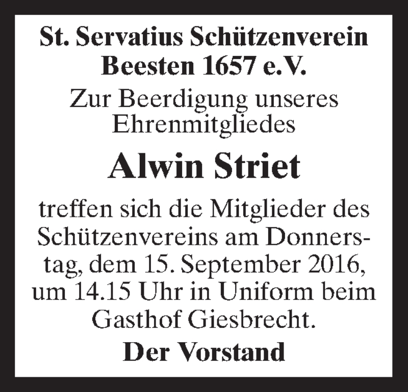  Traueranzeige für Alwin Striet vom 14.09.2016 aus Neue Osnabrücker Zeitung GmbH & Co. KG