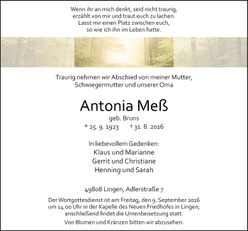Traueranzeige von Antonia Meß von Neue Osnabrücker Zeitung GmbH & Co. KG