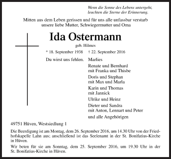 Traueranzeige von Ida Ostermann von Neue Osnabrücker Zeitung GmbH & Co. KG