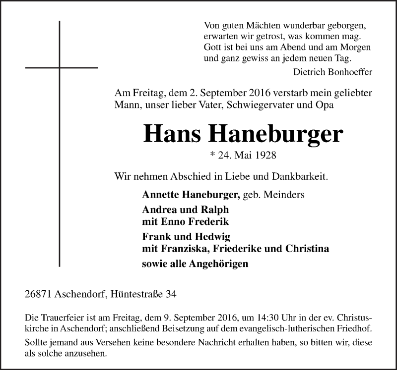  Traueranzeige für Hans Haneburger vom 06.09.2016 aus Neue Osnabrücker Zeitung GmbH & Co. KG