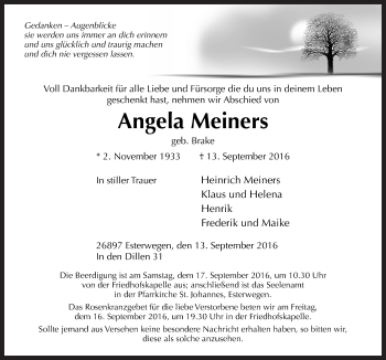 Traueranzeige von Angela Meiners von Neue Osnabrücker Zeitung GmbH & Co. KG