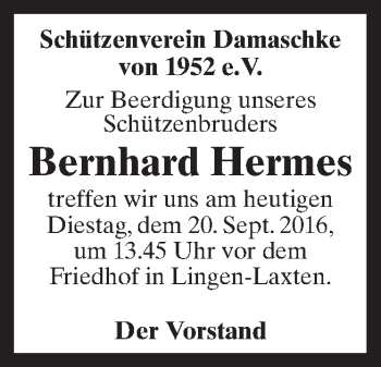 Traueranzeige von Bernhard Hermes von Neue Osnabrücker Zeitung GmbH & Co. KG