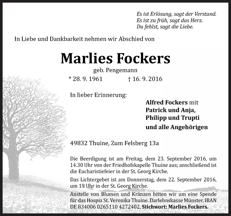  Traueranzeige für Marlies Fockers vom 19.09.2016 aus Neue Osnabrücker Zeitung GmbH & Co. KG