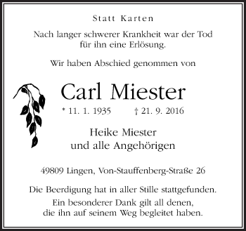 Traueranzeige von Carl Miester von Neue Osnabrücker Zeitung GmbH & Co. KG