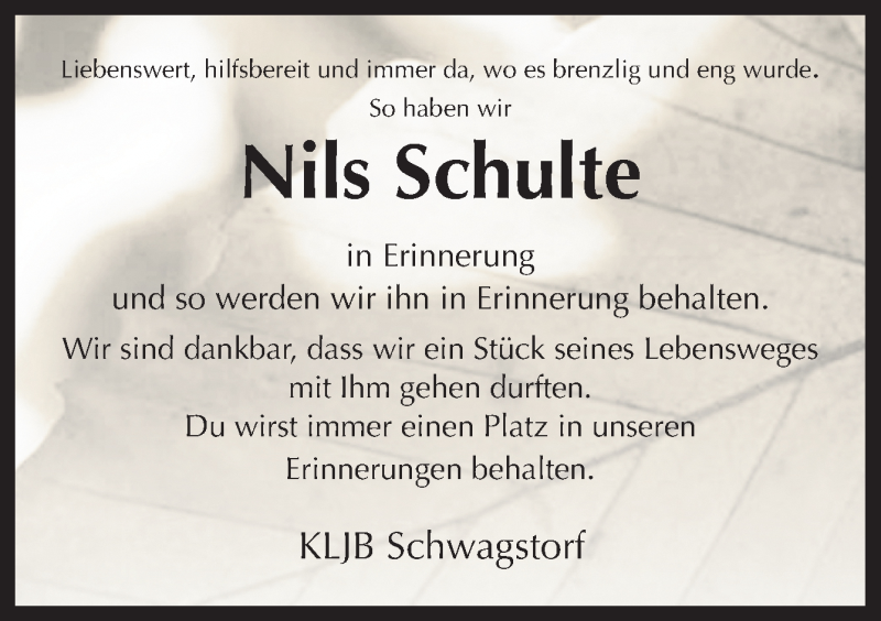  Traueranzeige für Nils Schulte vom 16.09.2016 aus Neue Osnabrücker Zeitung GmbH & Co. KG