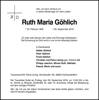 Traueranzeige von Ruth Maria Göhlich von Neue Osnabrücker Zeitung GmbH & Co. KG