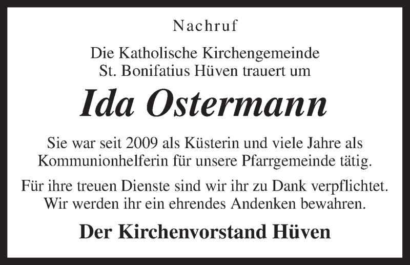  Traueranzeige für Ida Ostermann vom 26.09.2016 aus Neue Osnabrücker Zeitung GmbH & Co. KG