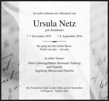 Traueranzeige von Ursula Netz von Neue Osnabrücker Zeitung GmbH & Co. KG