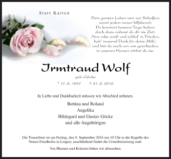 Traueranzeige von Irmtraud Wolf von Neue Osnabrücker Zeitung GmbH & Co. KG