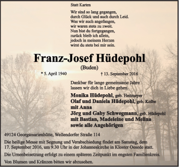 Traueranzeige von Franz-Josef Hüdepohl von Neue Osnabrücker Zeitung GmbH & Co. KG