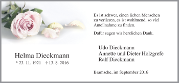 Traueranzeige von Helma Dieckmann von Neue Osnabrücker Zeitung GmbH & Co. KG