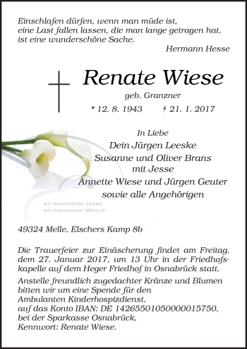 Traueranzeige von Renate Wiese von Neue Osnabrücker Zeitung GmbH & Co. KG