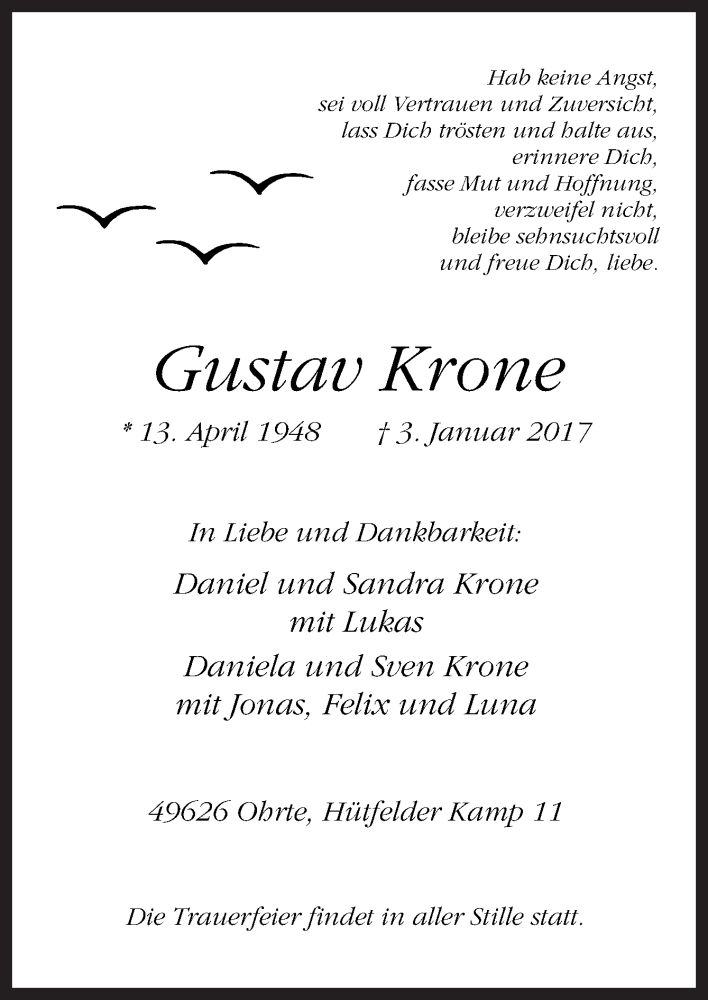  Traueranzeige für Gustav Krone vom 06.01.2017 aus Neue Osnabrücker Zeitung GmbH & Co. KG