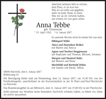Traueranzeige von Anna Tebbe von Neue Osnabrücker Zeitung GmbH & Co. KG