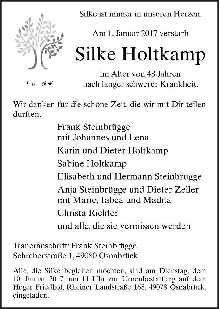  Traueranzeige für Silke Holtkamp vom 07.01.2017 aus Neue Osnabrücker Zeitung GmbH & Co. KG