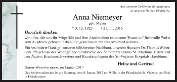 Traueranzeige von Anna Niemeyer von Neue Osnabrücker Zeitung GmbH & Co. KG