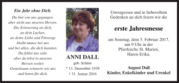 Traueranzeige von Anni Dall von Neue Osnabrücker Zeitung GmbH & Co. KG