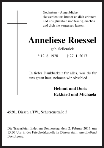 Traueranzeige von Anneliese Roessel von Neue Osnabrücker Zeitung GmbH & Co. KG