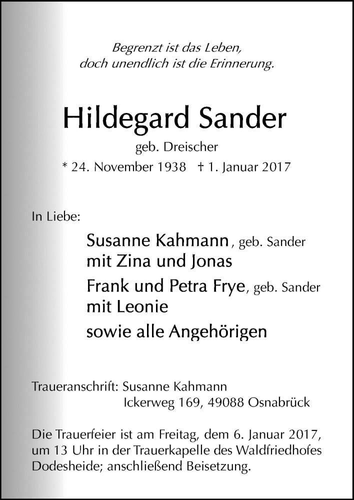  Traueranzeige für Hildegard Sander vom 03.01.2017 aus Neue Osnabrücker Zeitung GmbH & Co. KG