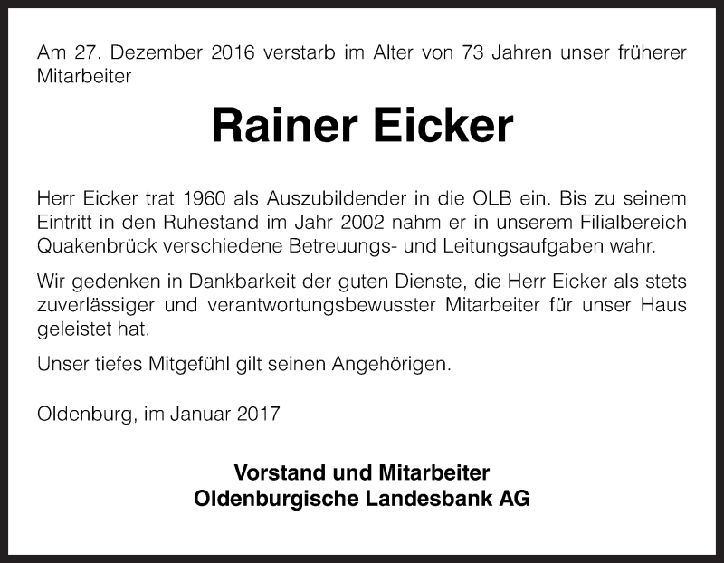  Traueranzeige für Rainer Eicker vom 10.01.2017 aus Neue Osnabrücker Zeitung GmbH & Co. KG