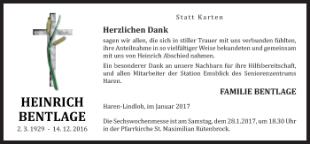 Traueranzeige von Heinrich Bentlage von Neue Osnabrücker Zeitung GmbH & Co. KG