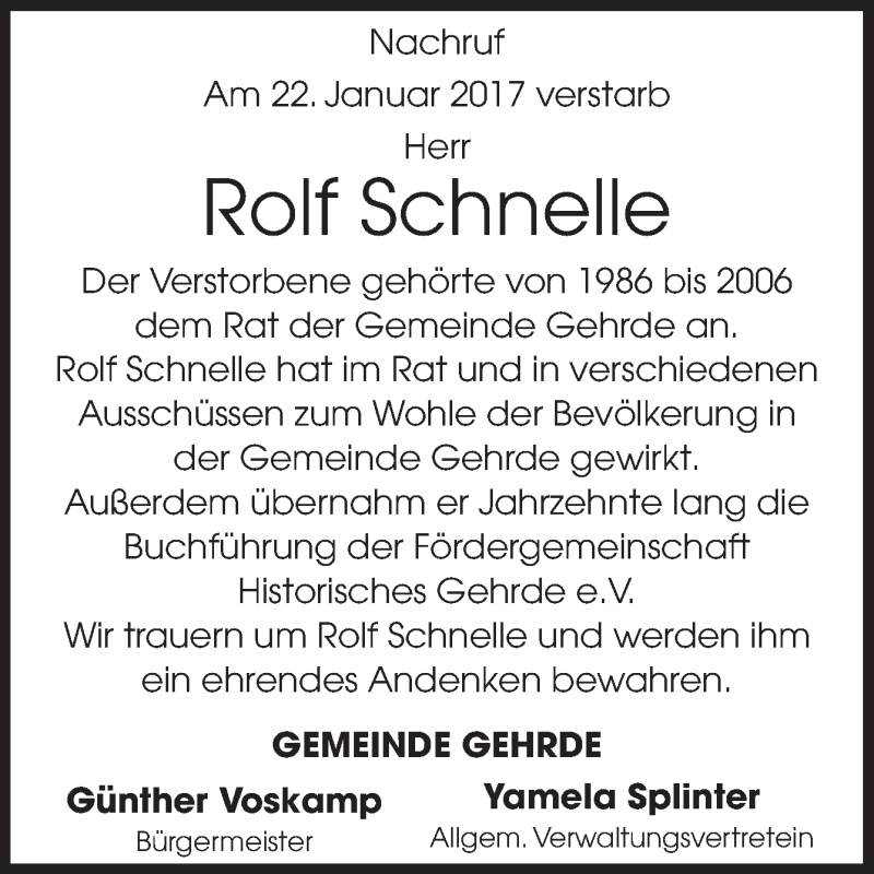  Traueranzeige für Rolf Schnelle vom 27.01.2017 aus Neue Osnabrücker Zeitung GmbH & Co. KG