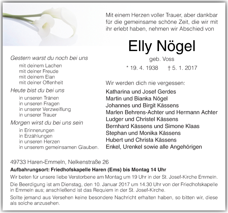  Traueranzeige für Elly Nögel vom 07.01.2017 aus Neue Osnabrücker Zeitung GmbH & Co. KG