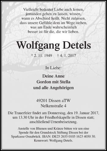 Traueranzeige von Wolfgang Detels von Neue Osnabrücker Zeitung GmbH & Co. KG