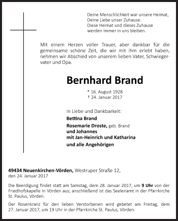 Traueranzeige von Bernhard Brand von Neue Osnabrücker Zeitung GmbH & Co. KG