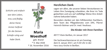 Traueranzeige von Maria Woesthoff von Neue Osnabrücker Zeitung GmbH & Co. KG