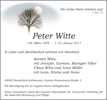 Traueranzeige von Peter Witte von Neue Osnabrücker Zeitung GmbH & Co. KG