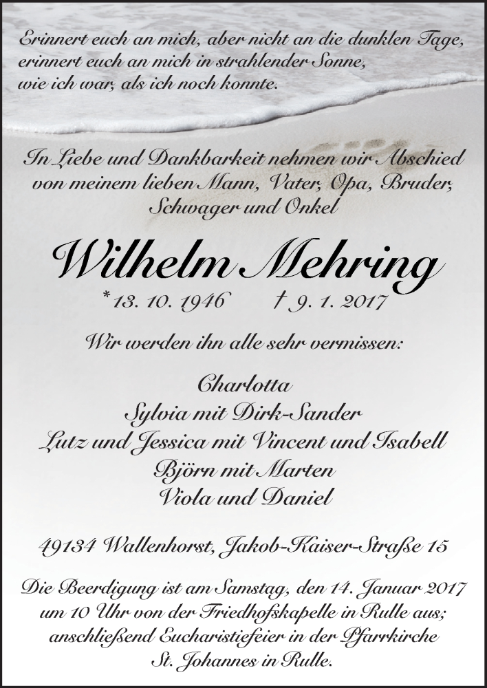  Traueranzeige für Wilhelm Mehring vom 11.01.2017 aus Neue Osnabrücker Zeitung GmbH & Co. KG