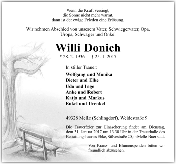 Traueranzeige von Willi Donich von Neue Osnabrücker Zeitung GmbH & Co. KG