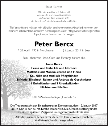 Traueranzeige von Peter Bercx von Neue Osnabrücker Zeitung GmbH & Co. KG