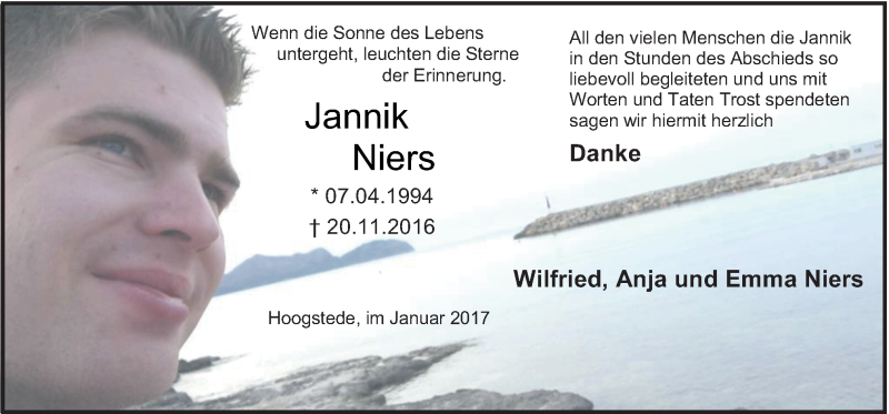  Traueranzeige für Jannik Niers vom 07.01.2017 aus Neue Osnabrücker Zeitung GmbH & Co. KG