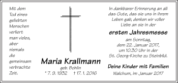 Traueranzeige von Maria Krallmann von Neue Osnabrücker Zeitung GmbH & Co. KG