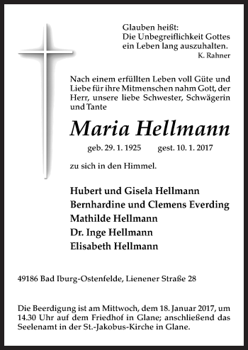 Traueranzeige von Maria Hellmann von Neue Osnabrücker Zeitung GmbH & Co. KG