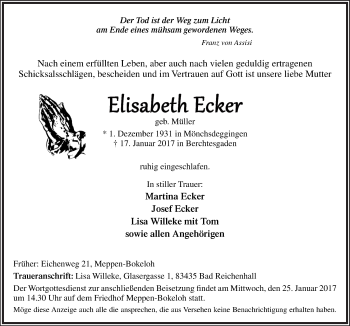 Traueranzeige von Elisabeth Ecker von Neue Osnabrücker Zeitung GmbH & Co. KG
